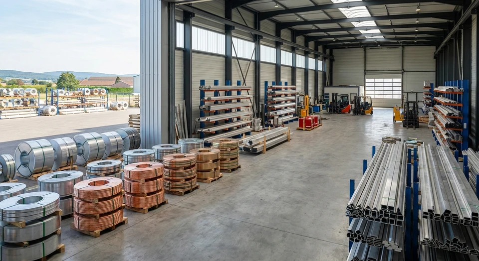 Photographie d'un entrepôt ou d'une cour industrielle montrant des bobines et des profilés d'aluminium, cuivre et inox empilés ou rangés de manière organisée, avec des équipements de manutention professionnels en arrière-plan. La scène capture l'environnement professionnel d'un distributeur de métaux spécialisé, mettant en évidence le stockage structuré et la gestion de matières premières métallurgiques de qualité.