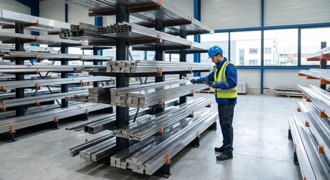 Vue rapprochée d'un entrepôt de distribution de métaux montrant des rangées de barres, tôles et profilés en inox brillant et aluminium empilés de manière organisée sur des rayonnages industriels, avec un employé en tenue professionnelle et gilet de sécurité inspectant ou sélectionnant des matériaux métalliques, démontrant l'expertise et l'organisation professionnelle du stockage de métaux semi-finis.
