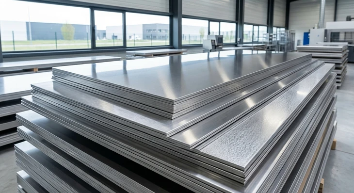 Atelier de fabrication industrielle où un ouvrier en gants de protection manipule un gabarit de contrôle métallique gradué