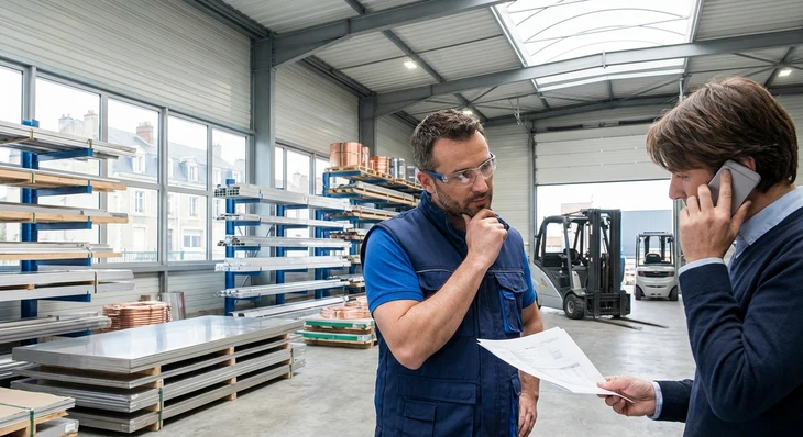 Scène de bureau professionnel avec homme en chemise bleue décrochant combiné téléphonique