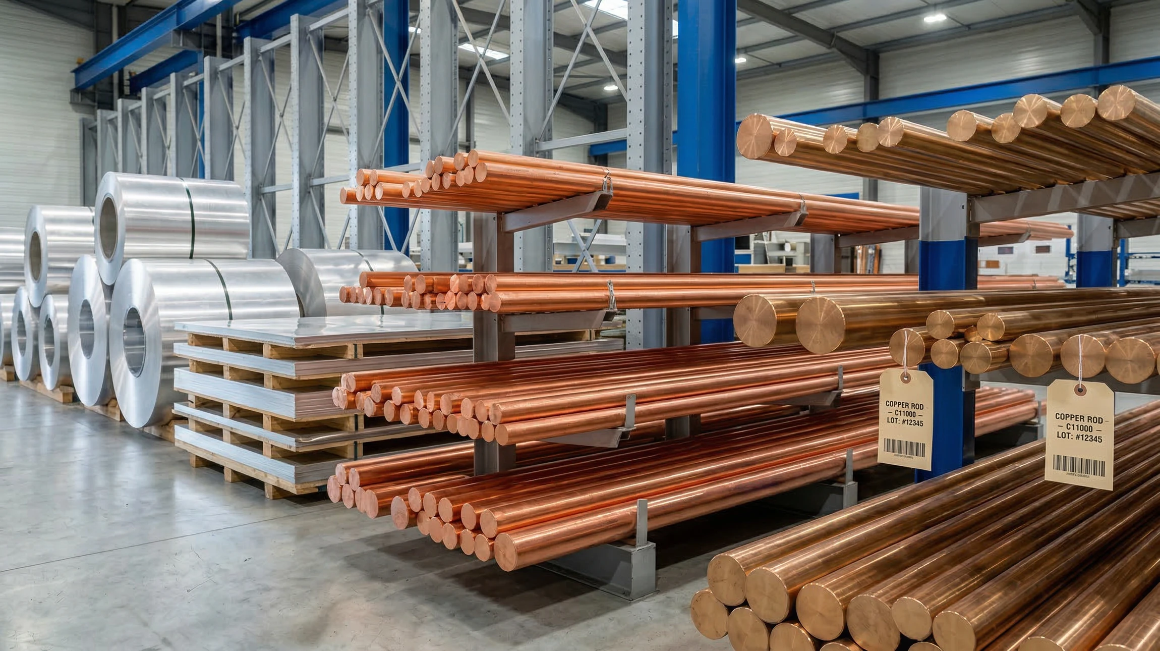 Entrepôt industriel avec stockage organisé de matériaux métalliques