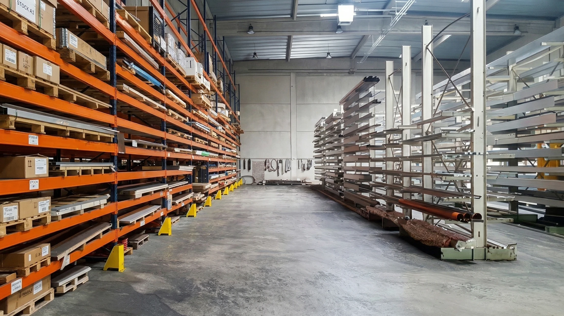 Entrepôt industriel avec stocks de matériaux métalliques organisés sur rayonnages