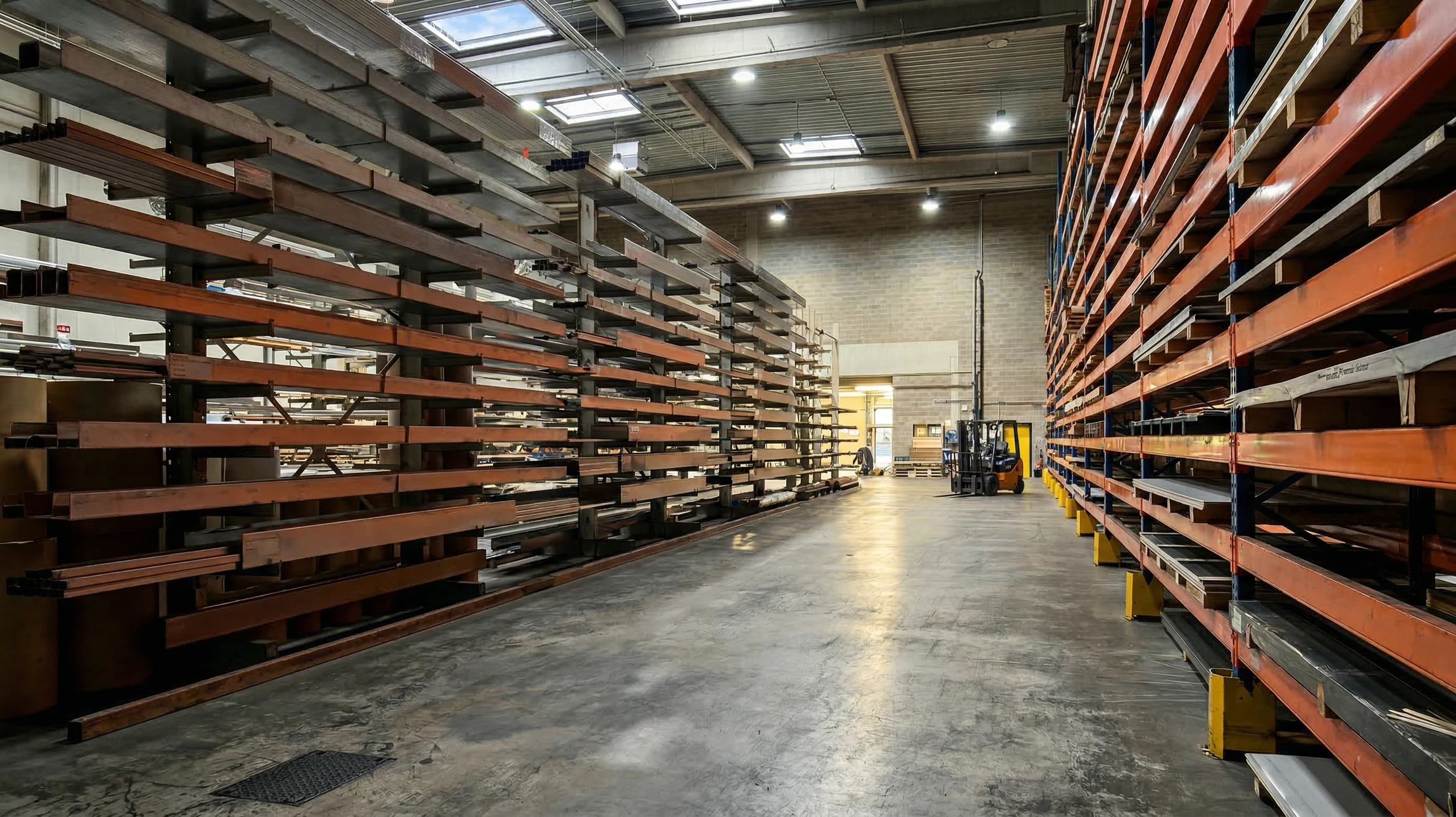 Scène extérieure d'un entrepôt logistique avec camionnette de livraison blanche, portières arrière ouvertes