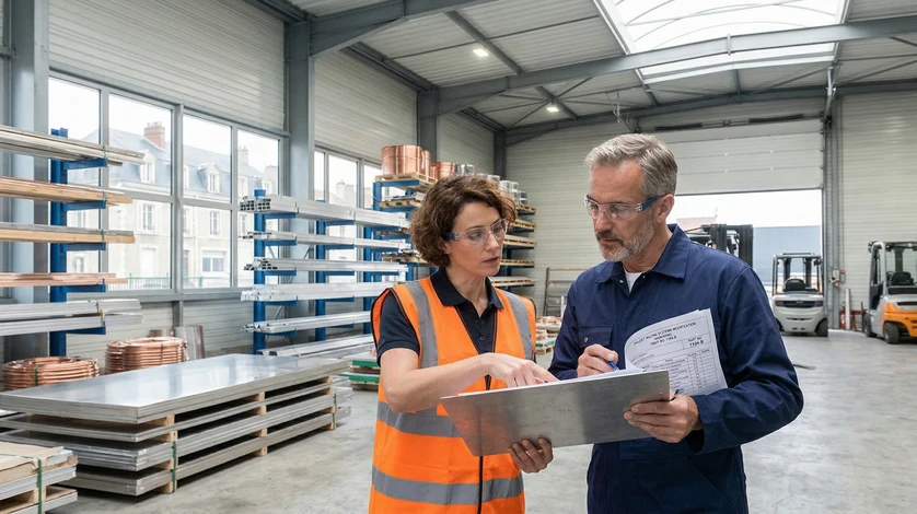 Entrepôt logistique avec rayonnages métalliques chargés de colis