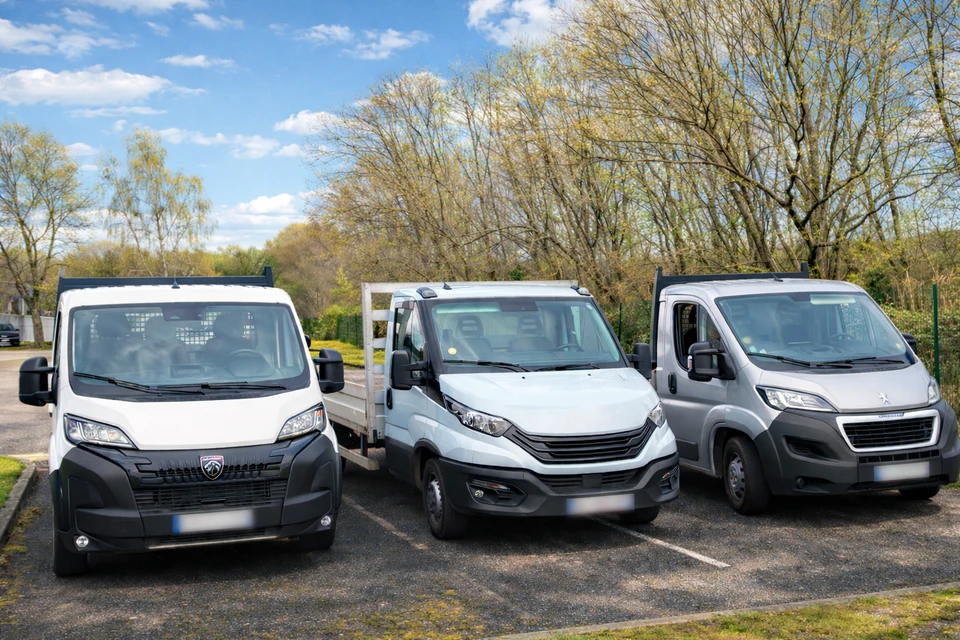 Camion de livraison blanc ou gris avec marquage discret, photographi&eacute; en train de d&eacute;charger des profil&eacute;s m&eacute;talliques ou faisceaux d'inox/aluminium devant le b&acirc;timent d'une entreprise industrielle ou d'un atelier. La sc&egrave;ne doit montrer clairement l'action de livraison, avec un ou deux livreurs transportant des mat&eacute;riaux m&eacute;talliques. L'arri&egrave;re-plan doit sugg&eacute;rer un environnement professionnel/industriel (portail d'acc&egrave;s, fa&ccedil;ade d'atelier, etc.). La photo doit &ecirc;tre prise en journ&eacute;e, en lumi&egrave;re naturelle, avec une perspective qui met en avant l'efficacit&eacute; et la r&eacute;activit&eacute; de la livraison.