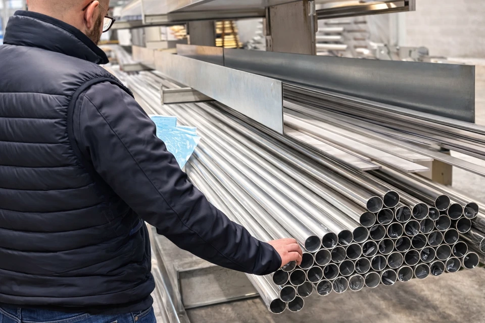 Atelier de fabrication industrielle avec ouvrier en t-shirt rouge assemblant des profil&eacute;s aluminium sur &eacute;tabli