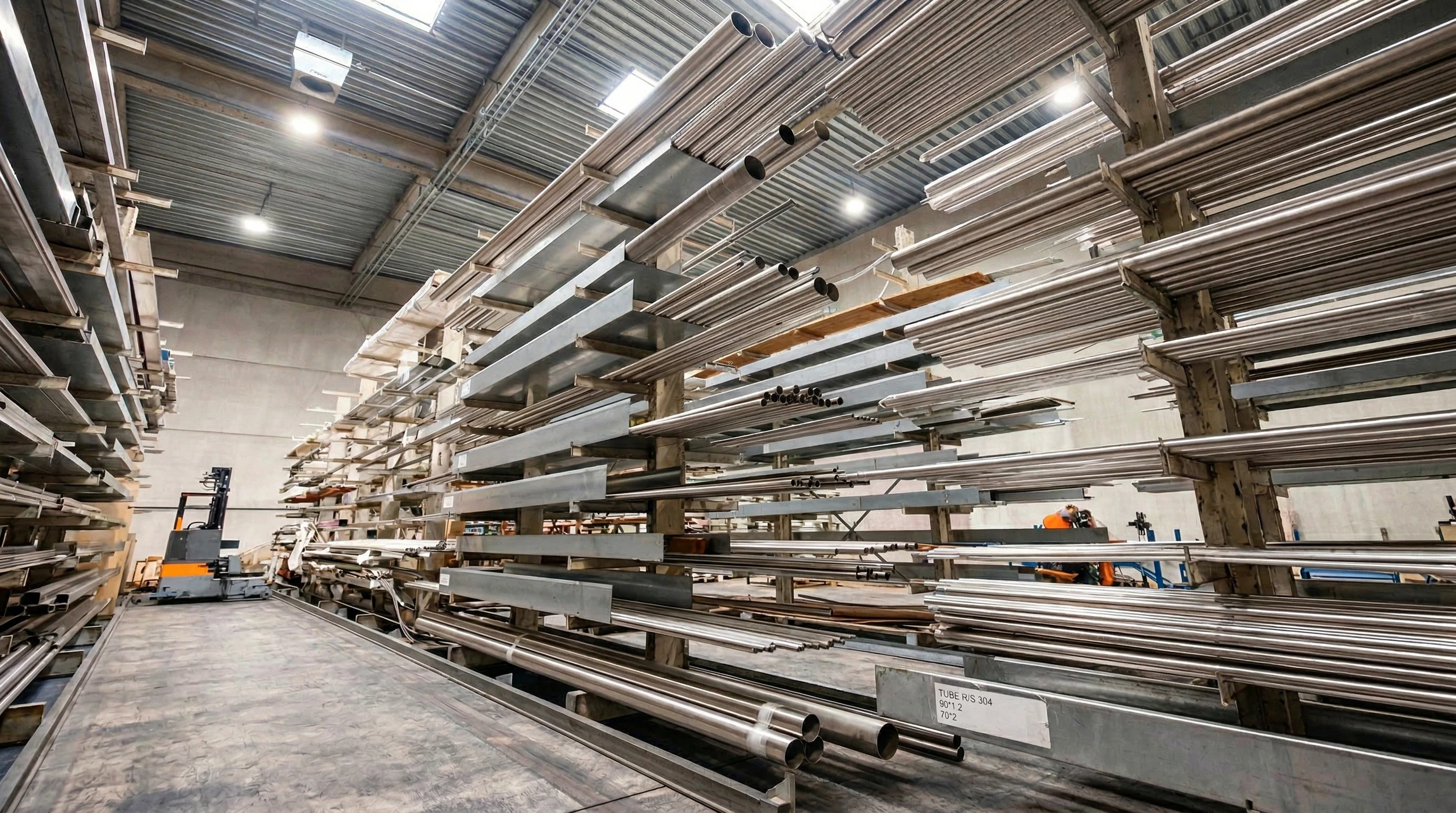 Entrep&ocirc;t industriel avec stockage de tubes m&eacute;talliques cylindriques empil&eacute;s horizontalement