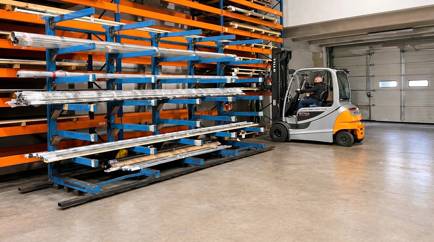 Entrepôt industriel extérieur avec bobines d'acier galvanisé stockées sur palettes en bois