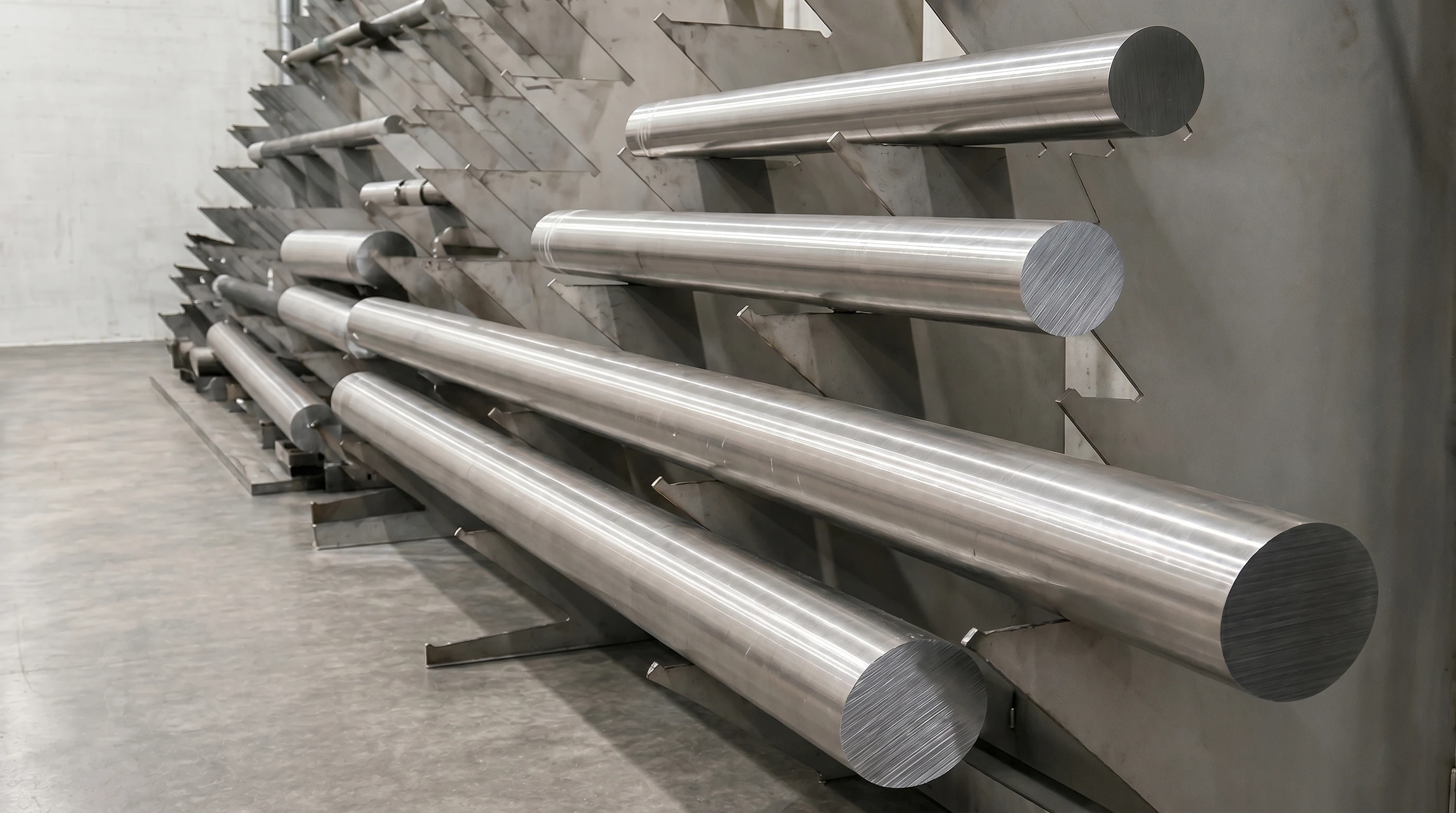 Scène industrielle en intérieur montrant des profilés métalliques ondulés empilés dans un environnement de production ou stockage