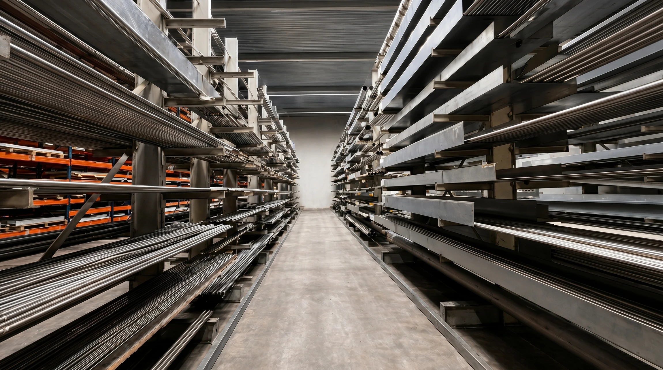 Entrepôt industriel avec stockage organisé de matériaux métalliques